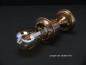 Preview: Jugendstil-Deckenlampenspot, Messing patiniert, originale E27-Messingfassung, becherförmige Kapsel als Blütenkelch, Glühlampe stellt die Blüte dar, Detail Glühlampe Edisonform liegend