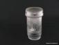 Preview: Jugendstil Lampenschirm gebraucht, satiniertes Glas, gerader Zylinder, abstraktes sich wiederholendes Schliffmuster, überstehender gerader Abschlussdeckel mit geschliffener Strahlenaster auf der Oberseite, umlaufende Schliffpunkte