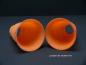 Preview: 2-er Set Jugendstil Lampenschirm gebraucht,  mehrfarbiges Glas ähnlich pate de verre, oranger Grundton, aufgezogener Rand, Wandung teils blau-grau durchsetzt, antiker Ersatzschirm, Griffrand 6cm, von unten
