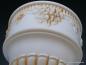 Preview: Jugendstil Lampenschirm gebraucht opal weiß mit Blumenrelief, teilweise gelb-orange bemalt, Griffrand 8cm D: 20cm H: 22cm Detail Bemalung