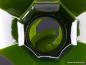 Preview: Lampenschirm gebraucht, Glas grün, innen weiß, turmartiger Aufbau, Ersatzschirm D: ca.31cm, H: ca.31cm, ohne Griffrand Loch ca. 45mm, Detail Befestigung mittels konischem Halteplättchen, Rosettenbefestigung
