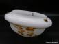 Preview: Jugendstil Lampenschirm gebraucht, Glasschale opal weiß, zweifach gestuft, mit umlaufender Rosenranke und Rosendekor am Schirmboden, drei Haken für Hängeampel am oberen Schirmrand eingelassen, Nostalgieglas D: 35cm, H: 18cm von unten