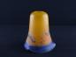 Preview: Jugendstil Lampenschirm gebraucht, Blütenkelch leicht geweitet, mehrfarbiges Glas pate de verre, Schirmhals gelb, untere Wandungszone Farbspiel in gelb,orange,blau, blauer Rand, Nostalgie Ersatzschirm D: 12cm, H: 13cm,  Loch 28mm