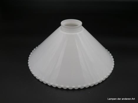 Jugendstil Lampenschirm gezackter Rand, hochwertiges Überfangglas opal weiß, kegelförmig, H: 10cm, D: 25cm, Griff-Rand: 6 cm