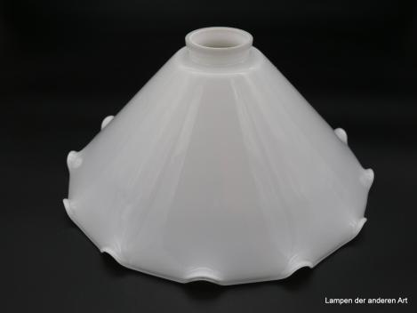 Jugendstil Lampenschirm, Kegelform, gelippter Rand, Glas weiß opal, D: 31cm, H: 13cm, Nostalgie Ersatzglas, Glashalter Griffrand 6 cm