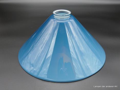 Jugendstil Lampenschirm, Kegelform, Glas, innen weiß und graublau überfangen, D: 30cm, H: 14cm, Nostalgie Ersatzglas, Glashalter Griffrand 6cm