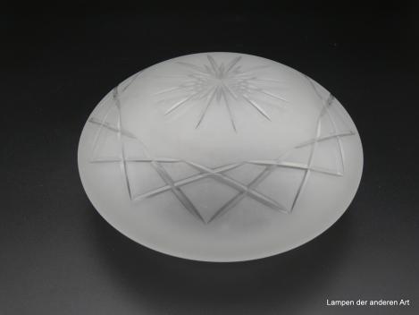 Jugendstil Lampenschirm grau satiniert, Kristallschliff H: 9cm, D: 20cm, Griff-Rand: 15cm Klarglas mit handgeschliffenen Strahlen und Sternen, Rest mattiert