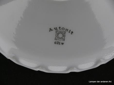 Jugendstil Lampenschirm gebraucht, gemarkt Autosit Schott&Gen. Jena, 621w, opal weißer Grund, gezahnter Rand, Nostalgie Ersatzschirm für Gaslampen, D: ca.19,5cm, H: ca.8cm, Hals Ø ca.55mm, Detail Autosit