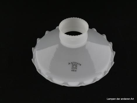 Jugendstil Lampenschirm gebraucht, gemarkt Autosit Schott&Gen. Jena, 621w, opal weißer Grund, gezahnter Rand, Nostalgie Ersatzschirm für Gaslampen, D: ca.19,5cm, H: ca.8cm, Hals Ø ca.55mm