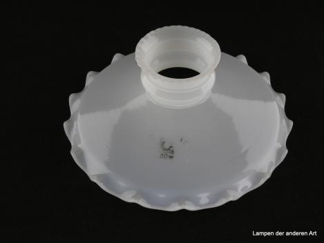 Jugendstil Lampenschirm gebraucht, gemarkt Autosit Schott&Gen. Jena, 620w, Markenstempel zum Teil erhalten, opal weißer Grund, gezahnter Rand, Nostalgie Ersatzschirm  für Gaslampen , D: ca.17,5cm, H: ca.7,5cm, Hals innen Ø ca.40mm