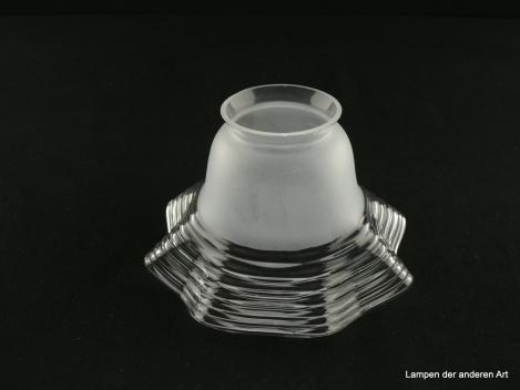 Jugendstil Lampenschirm gebraucht, Glas im Schaft satiniert, farbloses Klarglas im ausgestellten in Wellen gelegten Rand, Nostalgie Ersatzglas für alte Lampen D: 15cm, H: 9cm, Glashalterand Griffrand 6cm