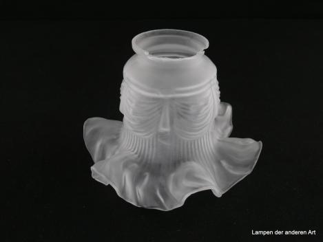 Jugendstil Lampenschirm gebraucht, satiniertes Glas, zylindrischer Hals, verziert mit aufgeworfenen Volants, gewölbter Rand in Falten, beschädigter Glashalterand 6cm, Nostalgie Ersatzglas für alte Lampen D: 15cm, H: 11cm