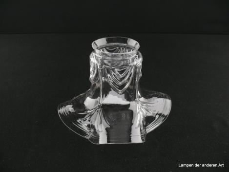 Jugendstil Lampenschirm gebraucht, Klarglas, am Schirmhals herabhängende Volants, unterbrochen durch bis zum Rand ragende ausgebreitete Fächerwedel, umlaufende in den gewellten Rand eingearbeite Rillen, Nostalgie Ersatzglas für alte Lampen, Griffrand 6cm