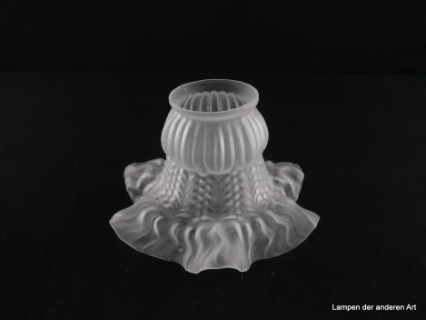 Jugendstil Lampenschirm gebraucht, Glas grau satiniert, reliefiert, florale Gestaltung, ähnlich einem Blütenkelch mit weit ausladenden Kronenblättern, Nostalgie Ersatzglas für alte Lampen, D: 16cm, H: 10,5cm, Glashalterand Griffrand 6cm