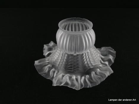 2-er Set Jugendstil Lampenschirm gebraucht, Glas grau satiniert, reliefiert, bauchige obere Wandungszone, weit schwingende ausgestellte untere Wandungszone, Nostalgie Ersatzglas für alte Lampen, D: ca. 16cm, H: ca. 10cm, Glashalter Griffrand 6cm, einzeln