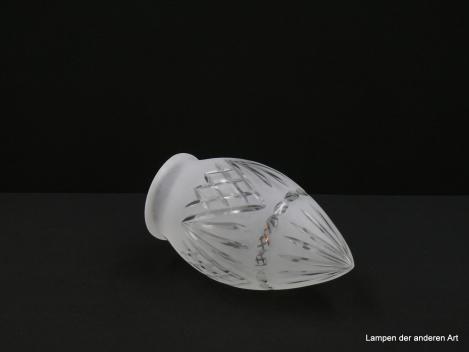 Jugendstil Lampenschirm gebraucht, Zapfenform, Klarglas satiniert und geschliffen, umlaufende Girlande im Olivenschliff, Zapfenspitze im Kerbschliff verziert, obere Wandungszone Rhombenmuster und gefächerte Linien,  D: 9cm, H: 17cm, Grriffrand 8cm liegend
