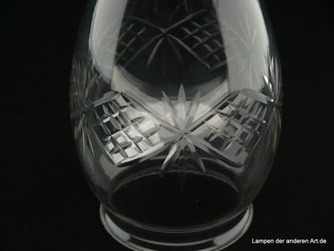 Jugendstil Lampenschirm gebraucht, Glas klar, spitz zulaufender Zapfen, Dekor in der Spitze Strahlenschliff, mittige Wandungszone umlaufend Kerbschliff geometrische Linien, Ersatzglas für alte Leuchten, D: ca.10cm, H: ca.17cm, Griff 8cm, Detail Schliff