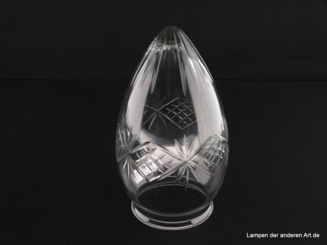 Jugendstil Lampenschirm gebraucht, Glas klar, spitz zulaufender Zapfen, Dekor in der Spitze Strahlenschliff, mittige Wandungszone umlaufend Kerbschliff geometrische Linien, Ersatzglas für alte Leuchten, D: ca.10cm, H: ca.17cm, Glashalter Griffrand 8cm