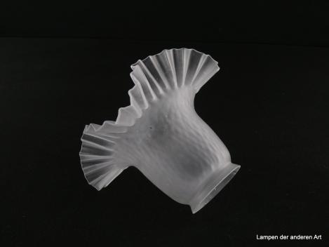 Jugendstil Lampenschirm gebraucht, Glas grau satiniert, gerader zylindrischer Teil mit gekräuselter Oberfläche, gefalteter nach außen gezogener Rand, Nostalgie Ersatzglas für alte Lampen, D: ca.16,5cm, H: ca. 11,5cm, Glashalterand Griffrand 6cm, liegend
