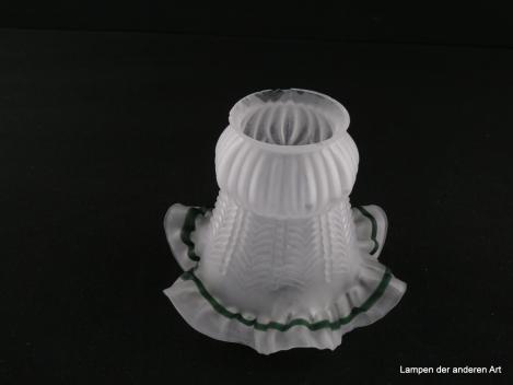 Jugendstil Lampenschirm gebraucht, floral geformter Glaskörper grau satiniert, Wandung in verschiedenen Oberflächenstrukturen, gewellter Rand, grüner Saum, Nostalgie Ersatzglas für alte Lampen, D: ca.14,5cm, H: ca.11cm, Glashalterand Griffrand 6cm