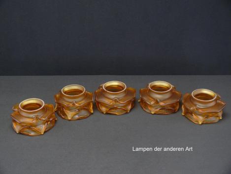 5-er Set Jugendstil Lampenschirm gebraucht, Rosenblätter, goldbraun satiniert, Form stilisierte Rosenblüte, Nostalgie Ersatzglas D: ca.10cm, H: ca.5cm, Glashalter Griffrand 6cm, Detailansicht