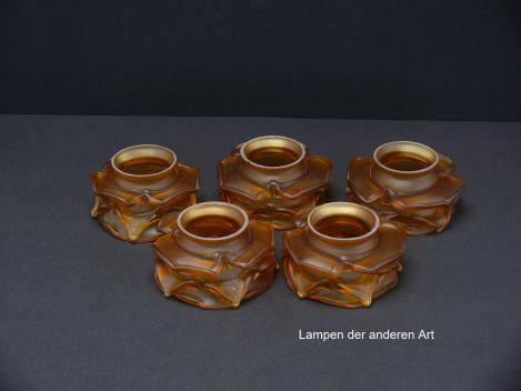 5-er Set Jugendstil Lampenschirm gebraucht, Rosenblätter, goldbraun satiniert, Form stilisierte Rosenblüte, Nostalgie Ersatzglas D: ca.10cm, H: ca.5cm, Glashalter Griffrand 6cm, Detail Wandung