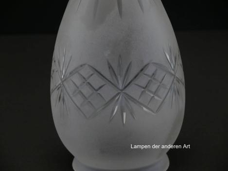 Jugendstil Lampenschirm gebraucht, im 3-er Set, Klarglas satiniert, Zapfenform, Wandungsmitte umlaufendes Schmuckband mit geschliffenen Kreuzen, final Sternschliff, Detail Dekorschliffband