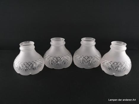 4-er Set Jugendstil Lampenschirm gebraucht, Glas grausatiniert, Kelchform, geschliffenes Band aus Kreuzen am unteren Rand, Ersatzschirm für alte Lampen, D: ca.11,5cm, H: ca.10cm, Glashalter Griffrand 6cm