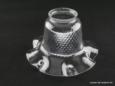 Jugendstil Lampenschirm gebraucht, Klarglas, gerader Zylinder mit wabenähnlicher Oberflächenstruktur, vertikal abstehender Rand, sechsfach gekerbt, Nostalgie Ersatzglas für alte Lampen, D: ca.15,5cm, H: ca.10,5cm, Glashalterand Griffrand 6cm