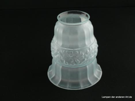 Jugendstil Lampenschirm gebraucht, Glas satiniert, eisblau, mittig reliefierter Reif stilisierte Eichenblätter, gerader Zylinder, Ersatzglas für alte Lampen, D: ca.11cm, H: ca.12cm, Glashalter Griffrand 6cm