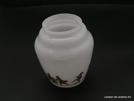 Jugendstil Lampenschirm gebraucht, Glas opal weiß mit schwarzem Dekor Tanzreigen, D: 11cm H: 14cm, Griffrand 6cm
