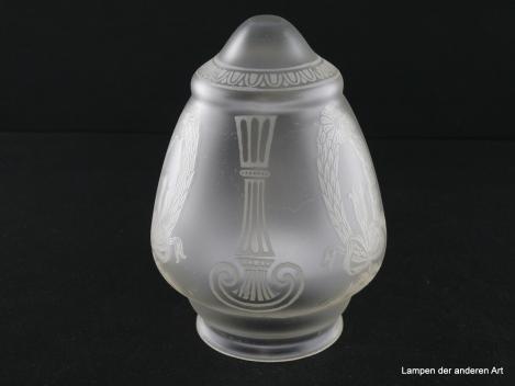 Jugendstil Lampenschirm gebraucht, Klarglas satiniert, Zapfenform einmal gestuft, Dekor zeittypische geätzte Motive in zweifachem Rapport, Nostalgieglas, Ersatzschirm, D: 11cm, H: 16cm, Glashalter Griffrand 8cm