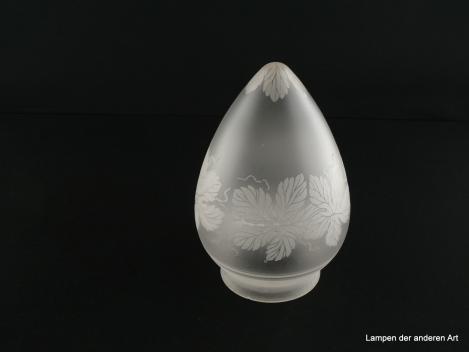 3-er Set Jugendstil Lampenschirm gebraucht, Glas grau satiniert, spitz zulaufende Zapfe, Spitze und Teile der Wandung mit geätzten Weinblättern und Ranktrieben dekoriert, Nostalgie Ersatzschirm D: ca.11cm, H: ca.17cm, Glashalter Griffrand 8cm, einzeln
