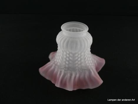 Jugendstil Lampenschirm gebraucht, Glas grau satiniert, rosa Rand, verschnörkelter Aufbau, reliefierte Oberfläche,  Nostalgie Ersatzglas für alte Lampen, D:  ca. 16cm, H: ca. 12cm, Glashalterand Griffrand 6cm