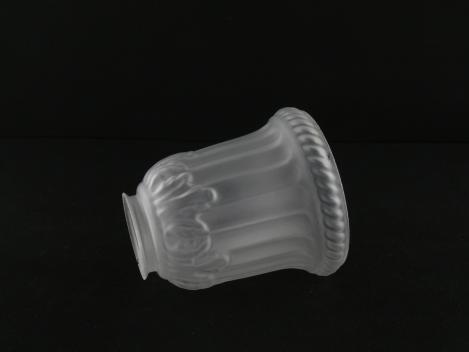 Jugendstil Lampenschirm gebraucht, satiniertes Glas, konisch, schmale Schulter verziert mit reliefierten Blättern, zum Rand leicht ausgestellt, umlaufende Abschlussgirlande, Nostalgie Ersatzschirm D: 11cm, H: 12cm, Glashalter Griffrand 6cm, liegend
