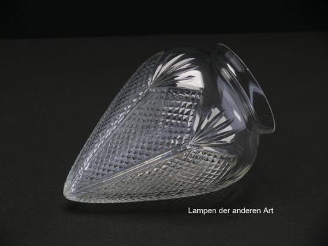 Preview: Jugendstilglas gebraucht, Pressglas klar, Zapfenform spitz zulaufend, in die Oberfläche eingearbeitete kleine Quadrate, Nostalgie Ersatzglas, Glashalter 8cm, seitlich liegend