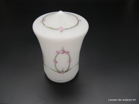 Jugendstil Lampenschirm gebraucht, Glas weiß-satiniert mit Blumendekor handgemalt, Rarität, D: 15cm, H: 17cm, Griff-Rand 8cm
