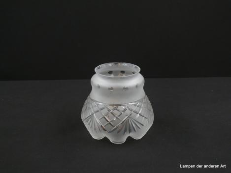 Jugendstil Lampenschirm gebraucht, Glas grau satiniert, balusterförmiger Körper, obere schmale Wulst mit Olivenschliff, im unteren Teil geschliffene geometrische Formen, gekniffener Rand, Ersatzschirm D: 12cm, H: 11cm, Griffrand  6cm
