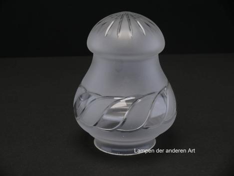Jugendstil Lampenschirm gebraucht, antikes Glas grau satiniert, oberer Teil der Wandung bauchig ausgeformt, breites Schliffdekor im Wechsel satinierte und klare Oberfläche, am abgeschnürten Unterteil Dekor Strahlenschliff, Griffrand 8cm