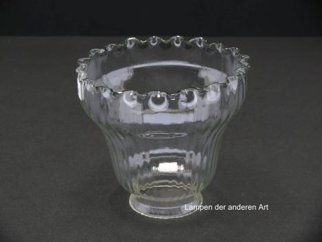 antiker Jugendstil Lampenschirm, gebraucht, Klarglas, Wandung im unteren Drittel eingezogen, Mäusezähnchen am senkrecht abgekantetem Rand, Nostalgie Ersatzglas, D: ca.13cm, H: ca.11cm, Glashalter Griffrand 6cm, von unten