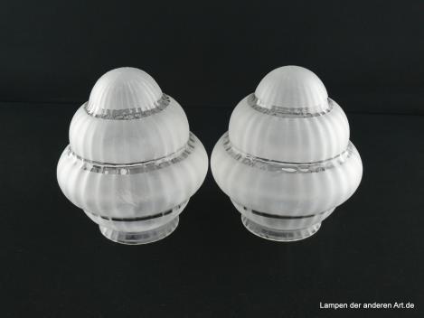 2-er Set Jugendstil Lampenschirm gebraucht, Glas grau satiniert, runde, sich verjüngende Form, dreifach gestuft, in den drei Kehlen Klarglas, Nostalgie Ersatzglas, D: ca.13,5cm, H: ca.15cm, Glashalter Griffrand 8cm