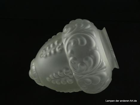 Jugendstil Lampenschirm gebraucht, Glas grau satiniert, bauchige Form, gestuft, aufgelegte geschwungene Dekorationselemente, finaler Abschluss mit aufgesetztem strukturiertem Häubchen, Ersatzglas für alte Leuchten, Glashalter 8cm, liegend