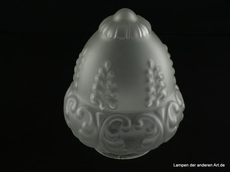 Jugendstil Lampenschirm gebraucht, Glas grau satiniert, bauchige Form, gestuft, aufgelegte geschwungene Dekorationselemente, finaler Abschluss mit aufgesetztem strukturiertem Häubchen, Ersatzglas für alte Leuchten, D: ca.13cm, H: ca.16cm, Glashalter 8cm