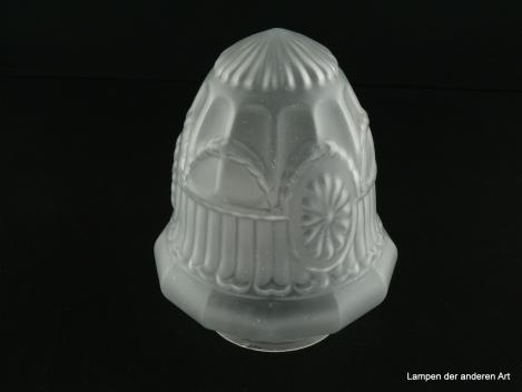 Jugendstil Lampenschirm gebraucht, Glas grau satiniert, Gesims am Schirmhals, Wandung mit verschiedenen Strukturelementen gestaltet, final erhabene Rosette, Nostalgie Ersatzglas D: ca.13cm, H: ca.16cm, Glashalter Griffrand 8cm