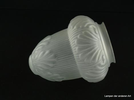 Jugendstil Lampenschirm gebraucht, Glas grau satiniert, Gestaltung in Rückbesinnung auf die Natur, Eichelform, Hütchen stilisierte Muscheln, zapfenförmige Wandung reliefiertes Blattwerk, Nostalgie Ersatzglas, Griffrand 8cm, liegend