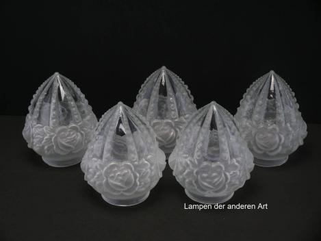 5-er Set Jugendstil Lampenschirm gebraucht, Glas teils klar, teils satiniert, plastisches Rosendekor umlaufend unterhalb des Schirmhalses, gekantete spitz zulaufende Wandung, Kanten mit Perlstabdekor, Nostalgie Ersatzglas, Glashalter Ø 8cm