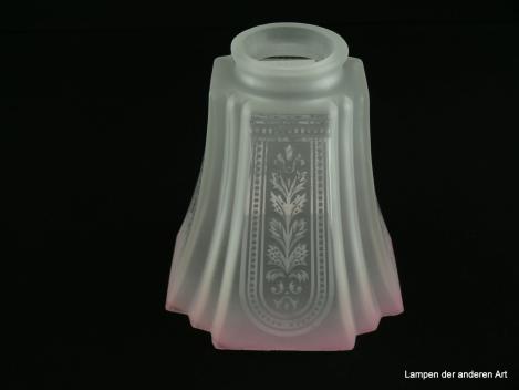 Jugendstil Lampenschirm gebraucht, Glas satiniert, Ätzdekor im vierfachen Rapport, rosa abgesetzter Rand, Nostalgie Ersatzglas, D: ca. 14cm, H: ca.13cm, Glashalter Griffrand 6cm, Achtung Loch innen nur Ø 38mm, nur Bajonettfassung bzw. E14