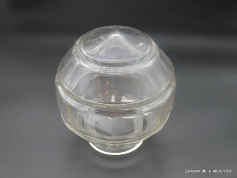Art Deco Lampenschirm gebraucht, Klarglas, Kugel, Wandung waagerecht dreigeteilt in Prismenoptik, D: 14cm, H: 15cm, Nostalgie Ersatzglas, Glashalter Griffrand 8cm