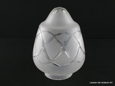 Jugendstil Lampenschirm gebraucht, Klarglas satiniert, Zapfenform, in der unteren Wandungszone einmal gestuft, Abschluss Blume, umlaufender Kerbschliff aus sich überlappenden fast kreisrunden Gebilden, Ersatzschirm, Glashalter 8cm