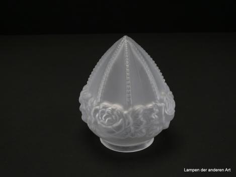 Jugendstil Lampenschirm gebraucht, Glas satiniert, Rosenbandrelief umlaufend unterhalb des Schirmhalses, gekantete spitz zulaufende Wandung, Kanten mit Perlstabdekor, Nostalgie Ersatzglas D: ca.14cm, H: ca.15cm, Glashalter Griffrand 8cm